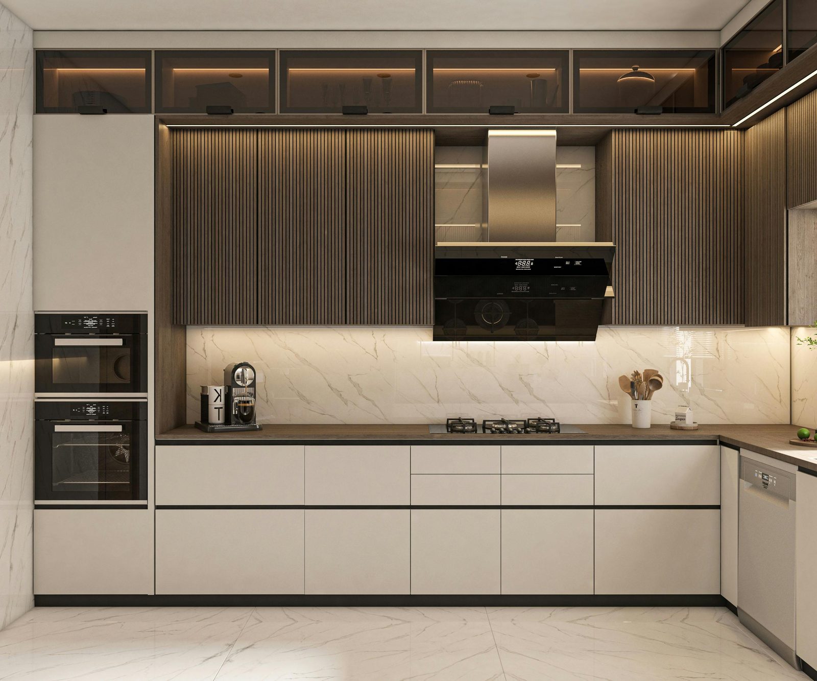 Handleless walnut-slat kitchen with marble splashback and recessed lighting