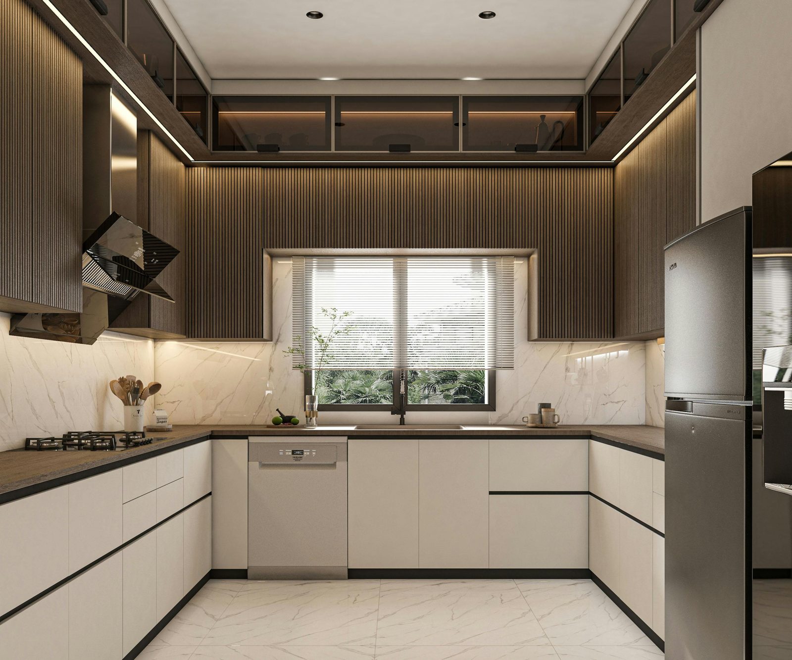 U-shaped handleless kitchen with walnut feature uppers and marble worktop