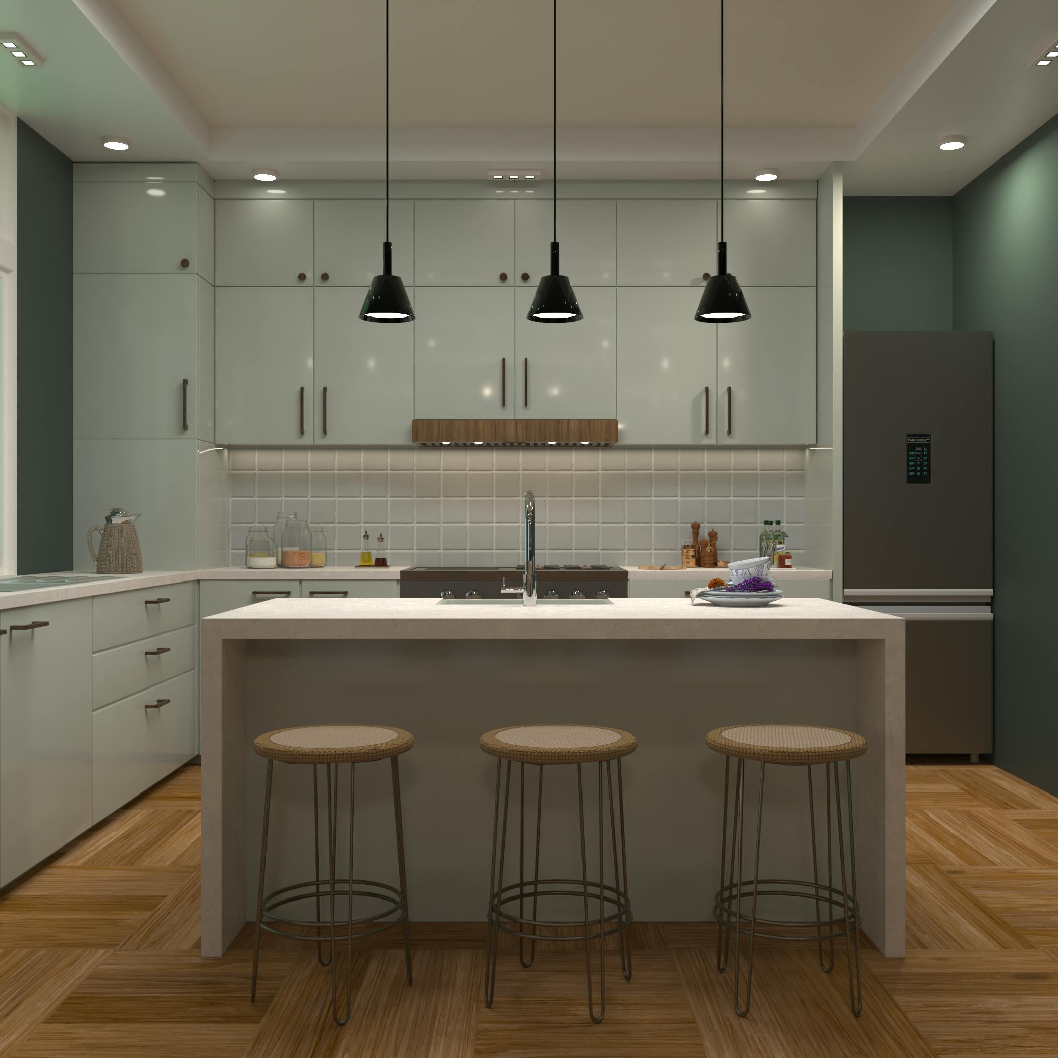 Sage green family kitchen with light island and rattan-topped stools