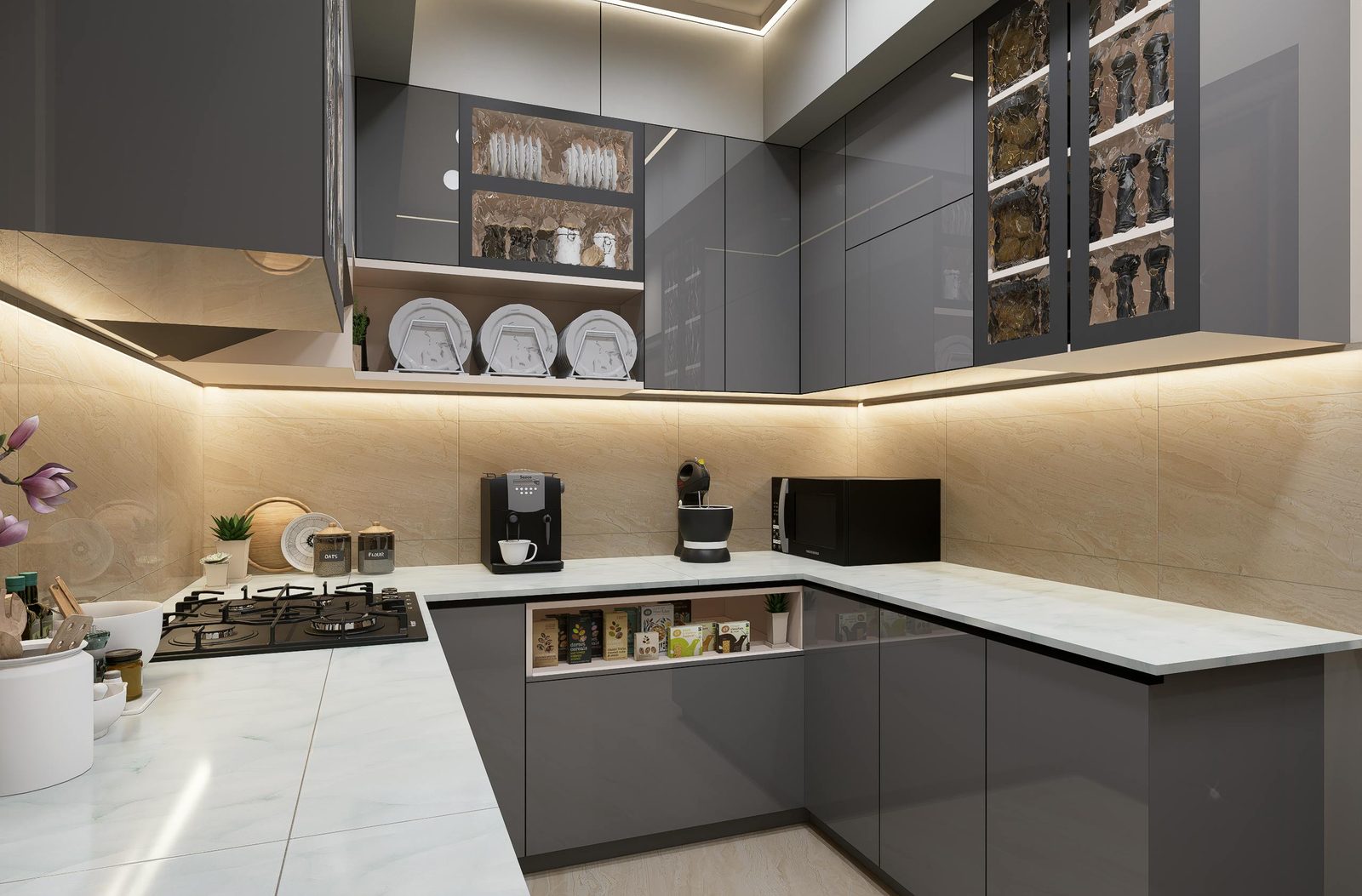 Charcoal gloss display kitchen with under-cabinet lighting