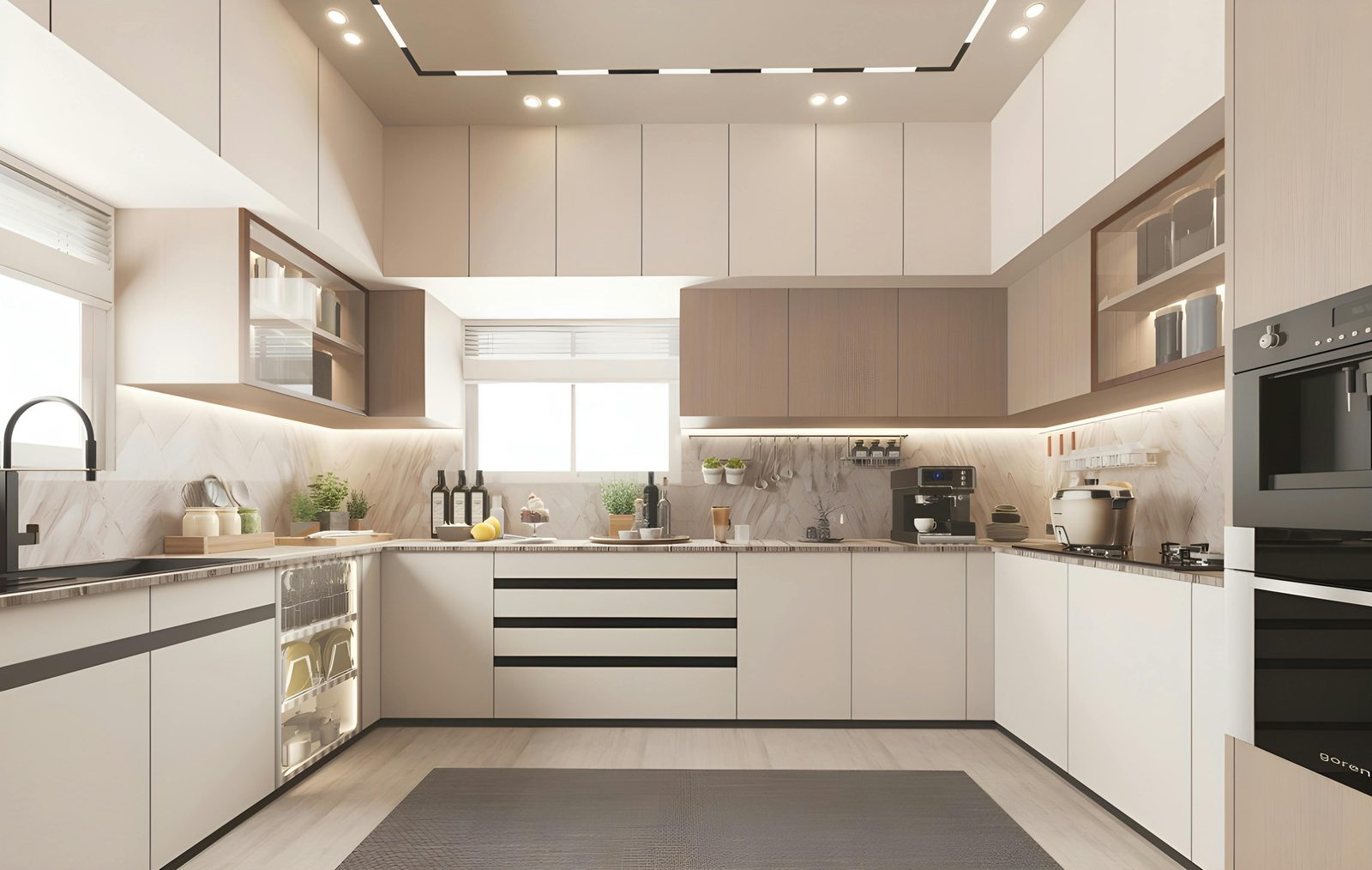 Cream handleless U-shape kitchen with marble splashback and warm walnut accents