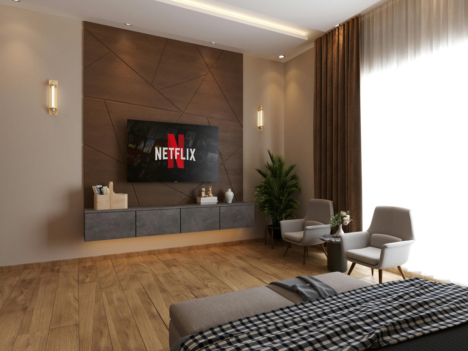 Walnut feature media wall with concealed drawer cabinets beneath the TV