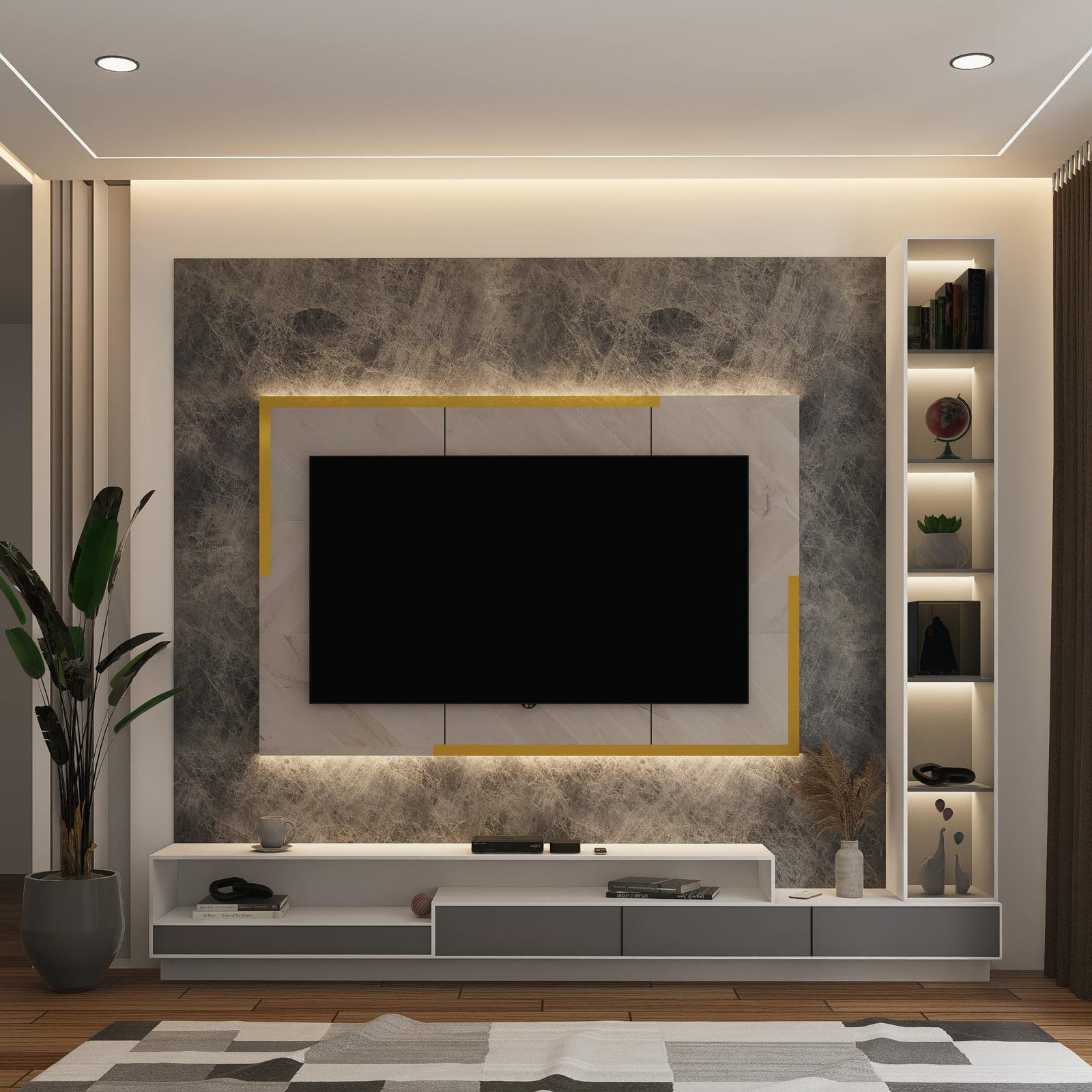 Marble-backed media wall with brass-framed inlay and recessed concealed lighting
